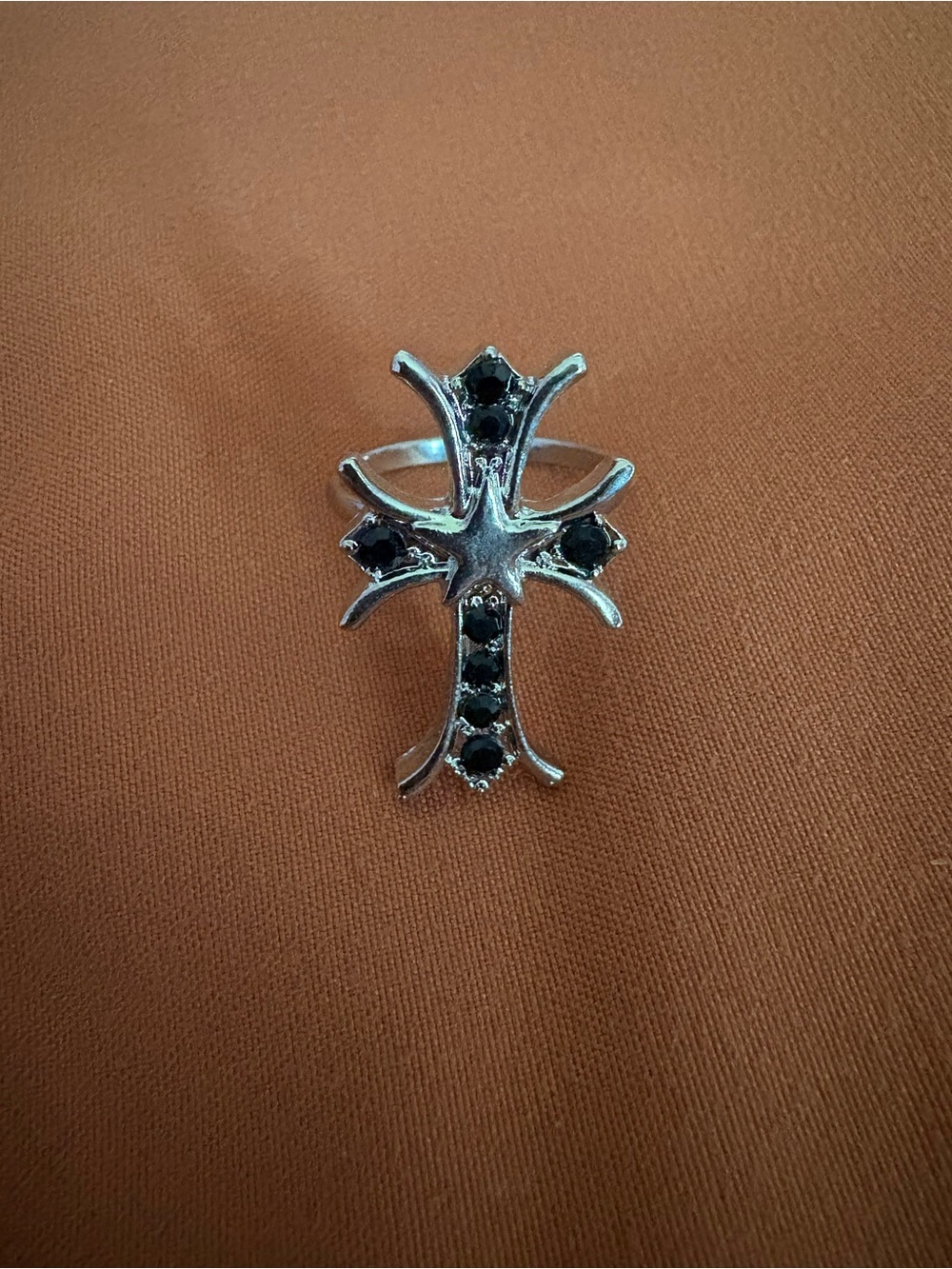 Silver cross ring w/ black gemstones